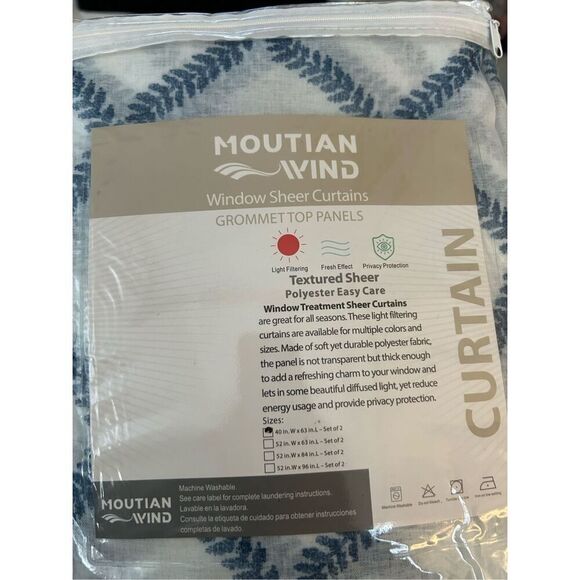 NEW 2 Panels Curtains Sheer Light Filtering 63” L X 40” W - Picture 2 of 3